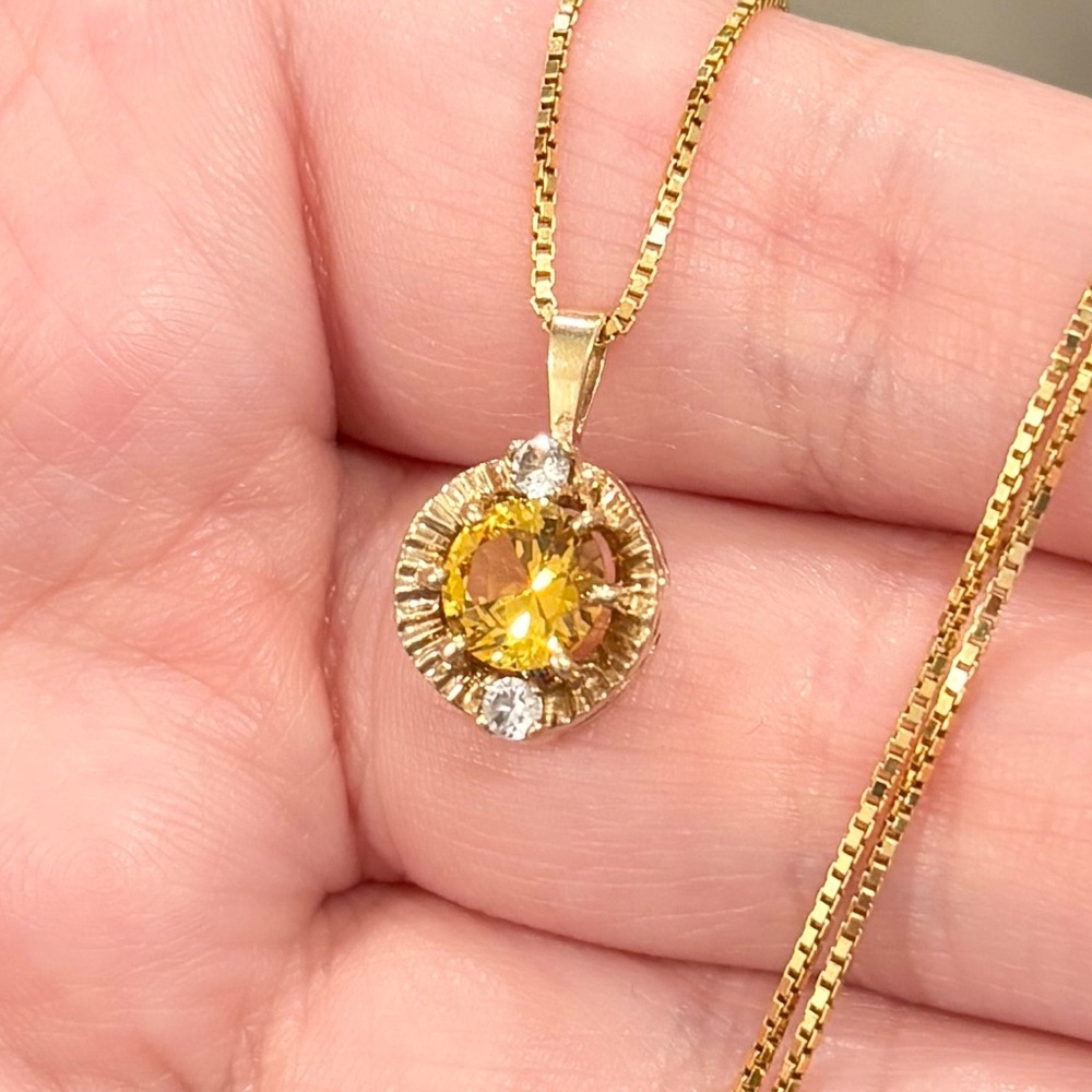 Vintage 10K Yellow Topaz Pendant, Small Petite, CZ Accent, Golden Regal Style - Picture 10 of 15